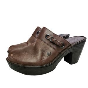 Born Clogs Mules Womens 10 Slip On Brown Leather Buckle Chunky 3" Heels Casual